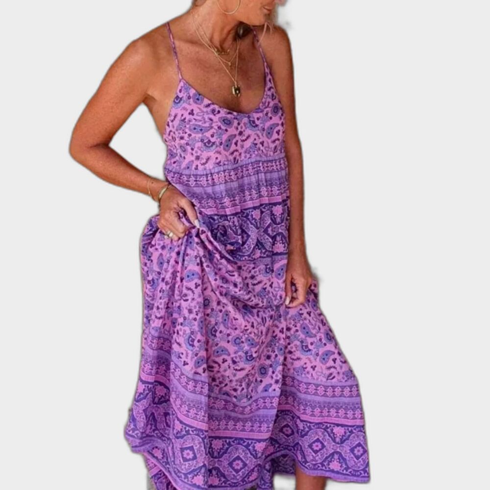 Lance Cade Resort Boho Multi-Color Purple Floral Paisley Maxi Dress